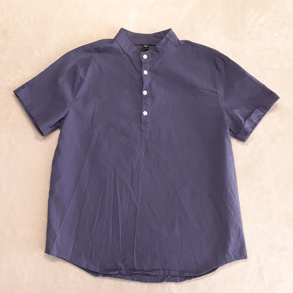Ouku Mens Linen Cotton SS Popover Button Shirt Large Blue Band Collar
